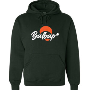Navy green bulbap pullover with logo in orange and white.