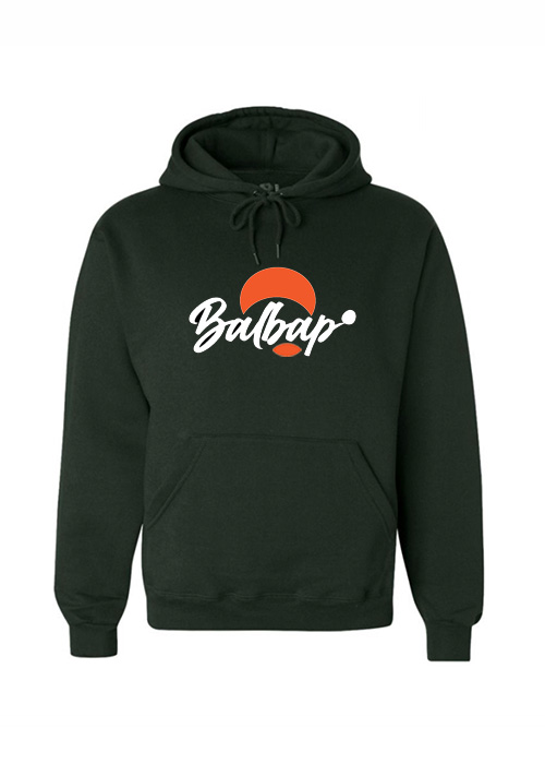 Navy green bulbap pullover with logo in orange and white.
