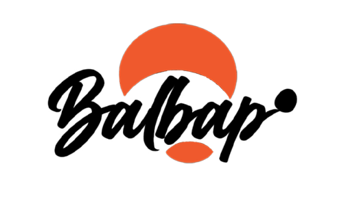 Balbap log with text in black and white background.